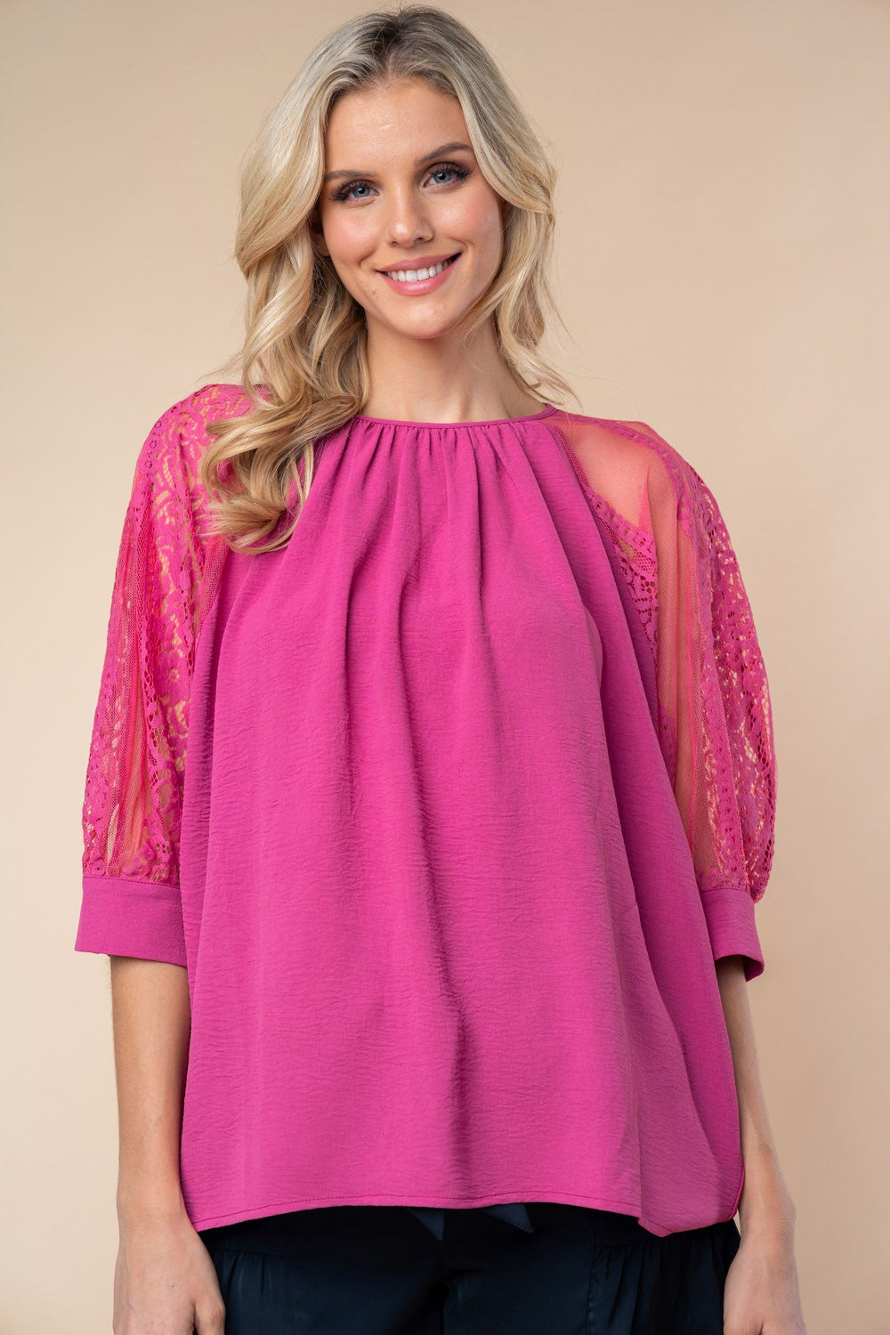 White Birch Round Neck Lace Half Sleeve Blouse - Charming Charlie