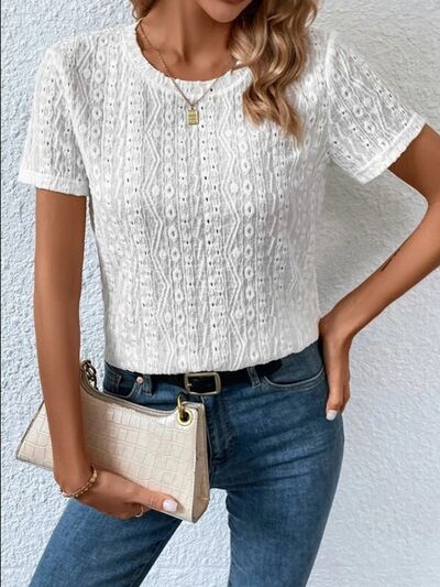 Eyelet Round Neck Short Sleeve T-Shirt - Charming Charlie
