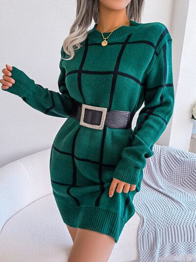 Plaid Round Neck Dropped Shoulder Sweater Dress Tan / S Plaid Round Neck Dropped Shoulder Sweater Dress Tan / S