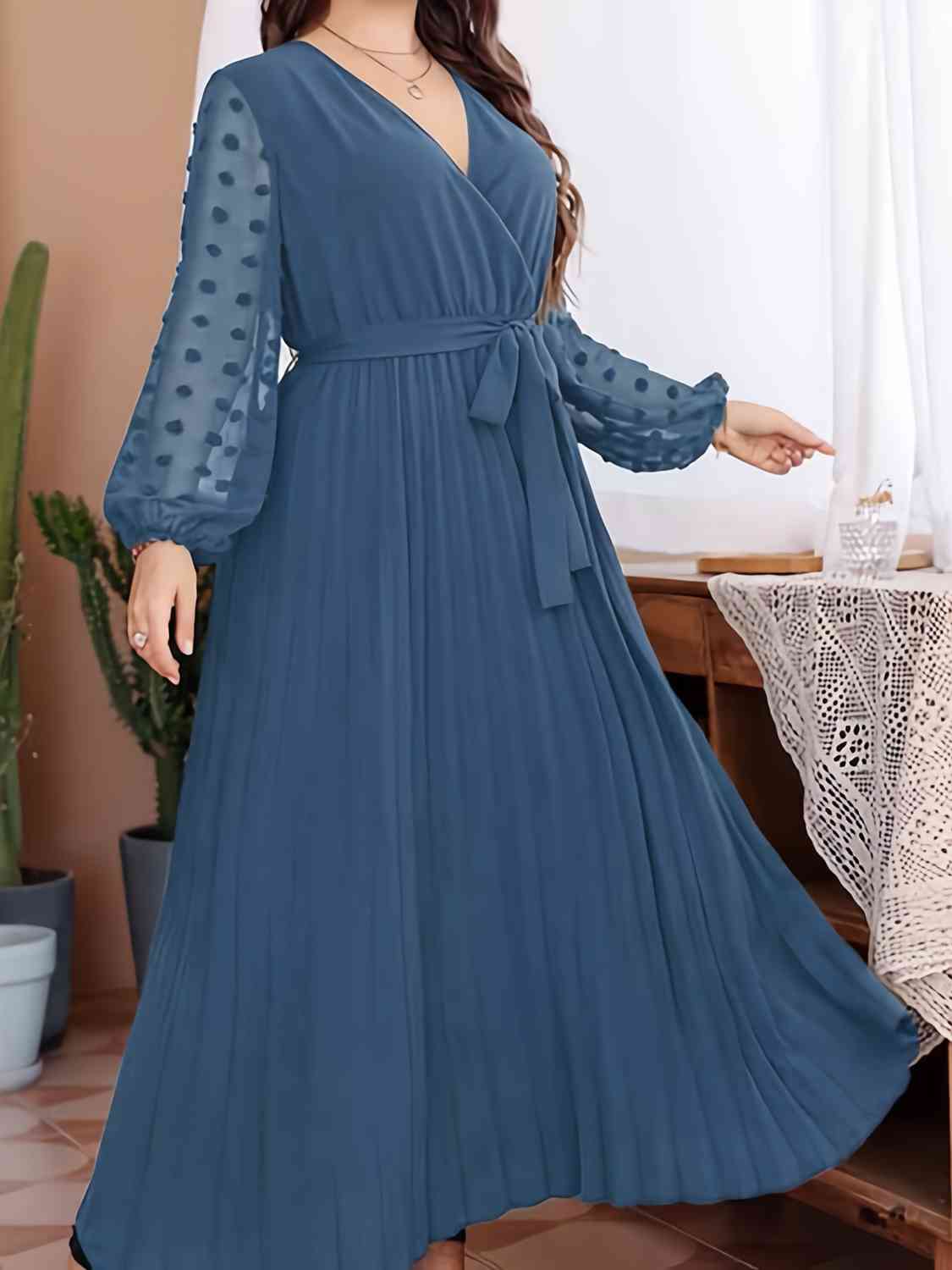 Plus Size Swiss Dot Tie Neck Flounce Sleeve Maxi Dress