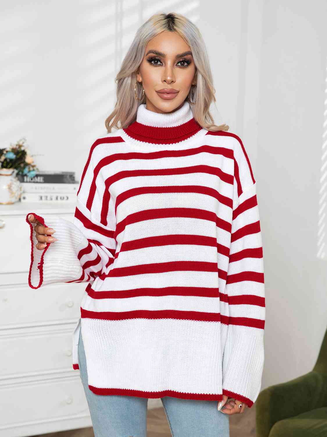 Striped Slit Turtleneck Drop Shoulder Sweater - Charming Charlie