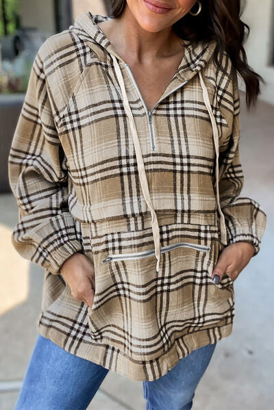 Drawstring Plaid Half Zip Raglan Sleeve Hoodie - Charming Charlie