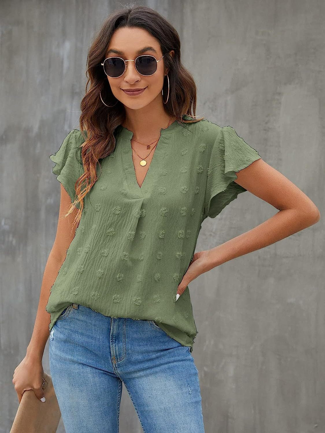 Swiss Dot Notched Cap Sleeve Blouse - Charming Charlie