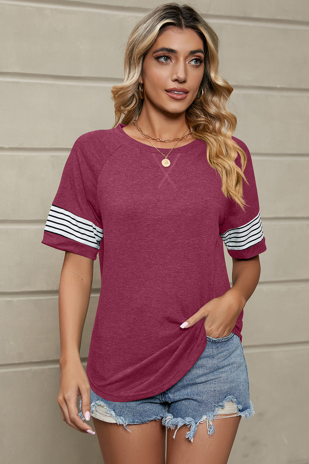 Striped Round Neck Short Sleeve T-Shirt - Charming Charlie