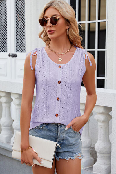 Eyelet Round Neck Wide Strap Tank - Charming Charlie
