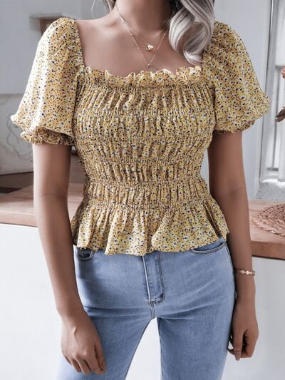 Frill Smocked Square Neck Short Sleeve Blouse - Charming Charlie