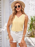 Eyelet Decorative Button V-Neck Tank - Charming Charlie