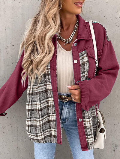 Plaid Button Up Dropped Shoulder Jacket - Charming Charlie