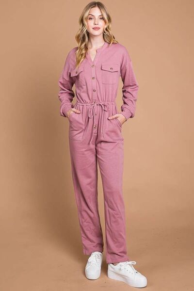 Culture Code Full Size Button Up Drawstring Waist Straight Jumpsuit - Charming Charlie