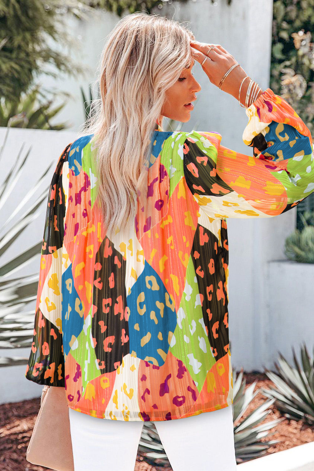 Printed Notched Long Sleeve Blouse - Charming Charlie