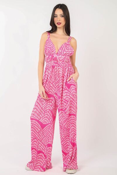 VERY J Printed Pleated Sleeveless Wide Leg Jumpsuit - Charming Charlie