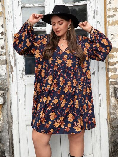 Plus Size Floral V-Neck Balloon Sleeve Dress - Charming Charlie