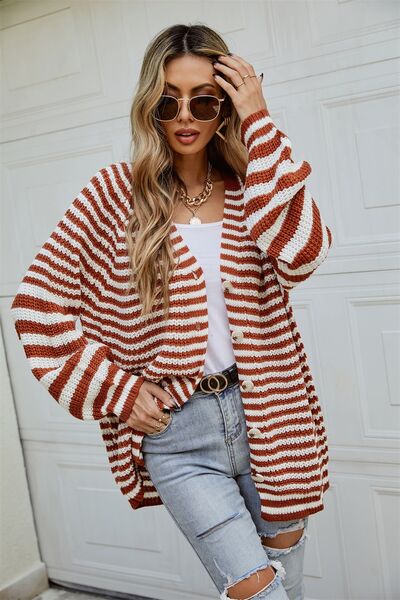 Striped Button Up Long Sleeve Cardigan - Charming Charlie