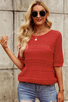 Openwork Round Neck Half Sleeve Knit Top - Charming Charlie