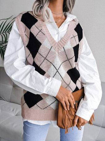 Heimish Plaid and Personality Full Size V-Neck Sweater