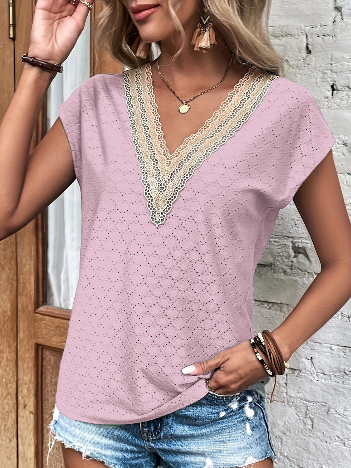 Eyelet V-Neck Cap Sleeve Blouse - Charming Charlie
