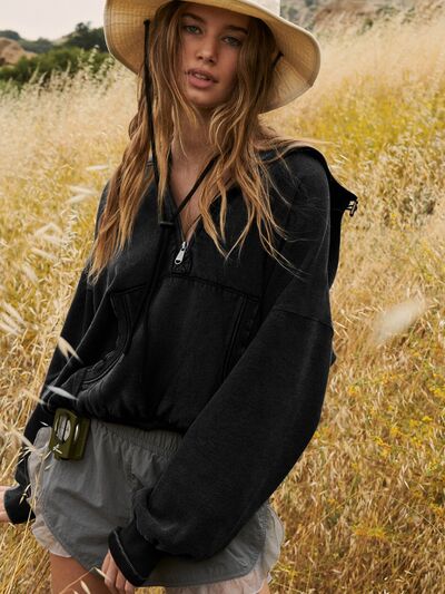 Half Zip Pocketed Dropped Shoulder Hoodie - Charming Charlie