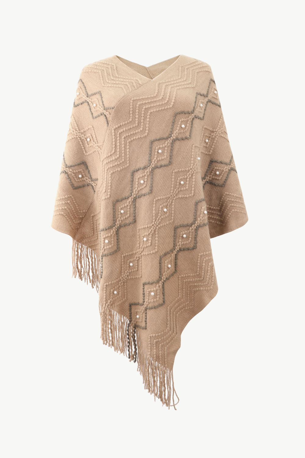 Pearl Trim V-Neck Fringe Hem Poncho - Charming Charlie