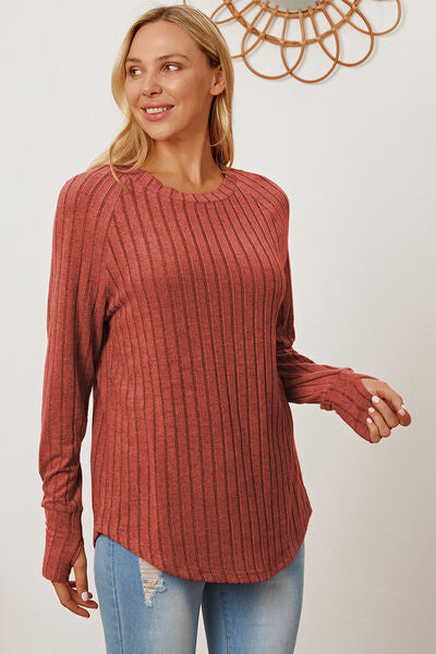 Basic Bae Full Size Ribbed Thumbhole Sleeve T-Shirt - Charming Charlie