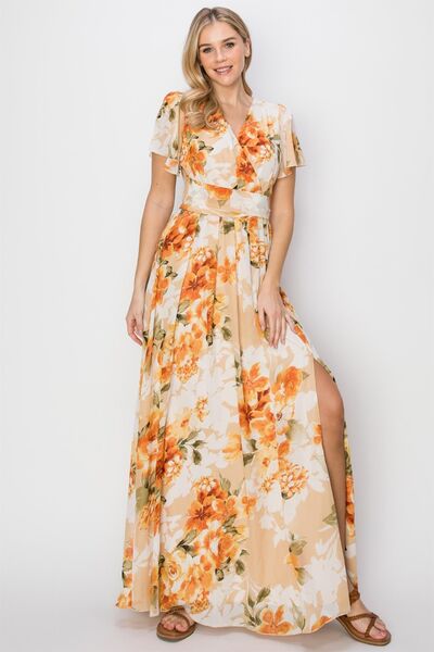 HYFVE Floral Tie Back Short Sleeve Slit Maxi Dress ORANGE / S