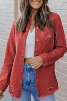 Distressed Raw Hem Snap Down Denim Jacket - Charming Charlie