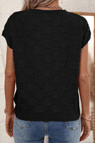 Pocketed Checkered Round Neck Knit Top - Charming Charlie