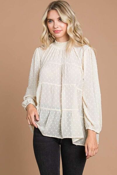 Culture Code Full Size Swiss Dot Smocked Mock Neck Blouse - Charming Charlie