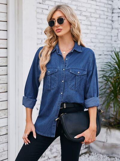 Button Up Collared Neck Denim Jacket - Charming Charlie