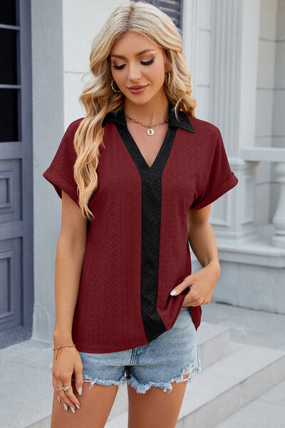 Eyelet Johnny Collar Short Sleeve T-Shirt - Charming Charlie