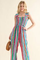 And The Why Full Size Striped Smocked Sleeveless Jumpsuit - Charming Charlie