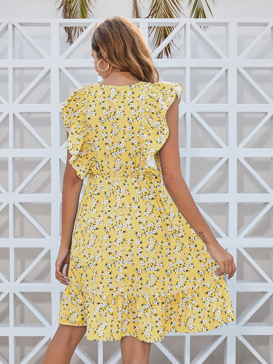 Ditsy Floral Print Surplice Belted Dress