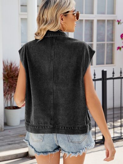 Pocketed Button Up Sleeveless Denim Jacket - Charming Charlie