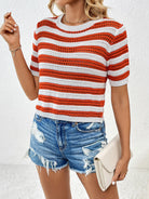 Openwork Striped Round Neck Short Sleeve Knit Top - Charming Charlie