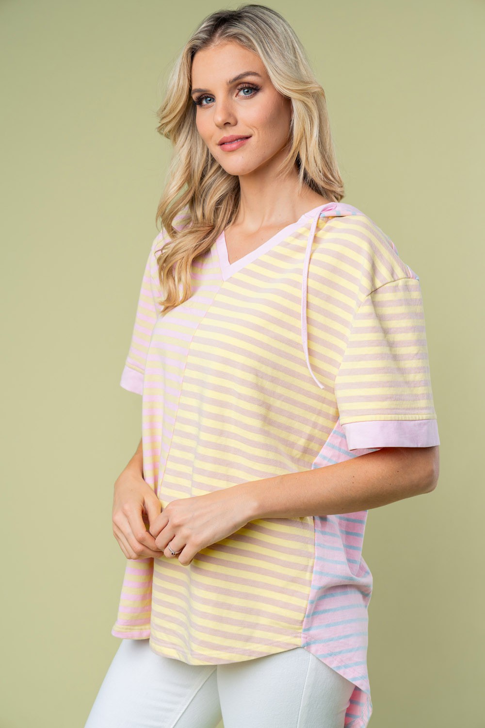 White Birch Full Size Striped Short Sleeve Drawstring Hooded Top - Charming Charlie