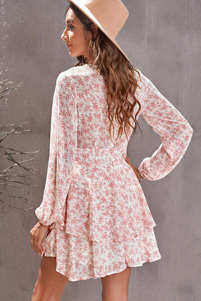 Floral Surplice Balloon Sleeve Layered Dress - Charming Charlie