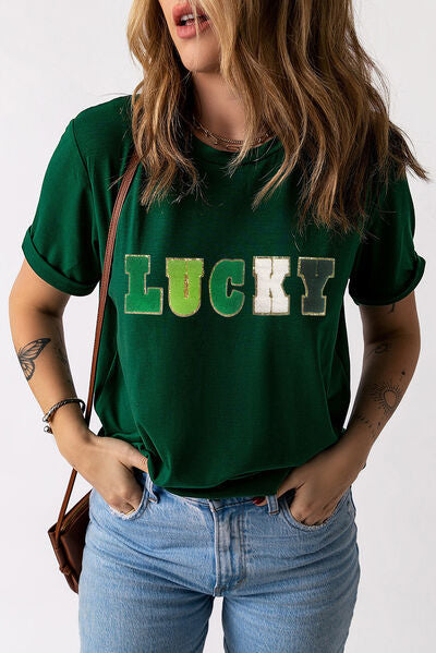 LUCKY Round Neck Short Sleeve T-Shirt - Charming Charlie