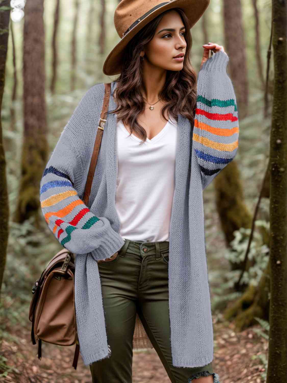 Striped Open Front Long Sleeve Cardigan - Charming Charlie