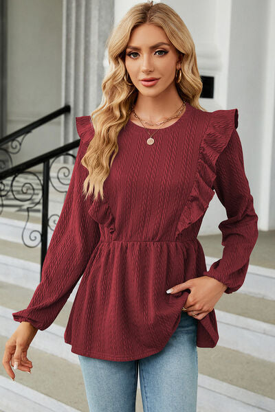 Ruffled Round Neck Balloon Sleeve Blouse - Charming Charlie