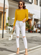 Round Neck Long Sleeve Blouse - Charming Charlie