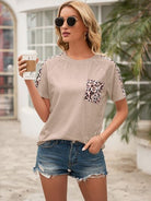 Pocketed Leopard Round Neck Short Sleeve T-Shirt - Charming Charlie