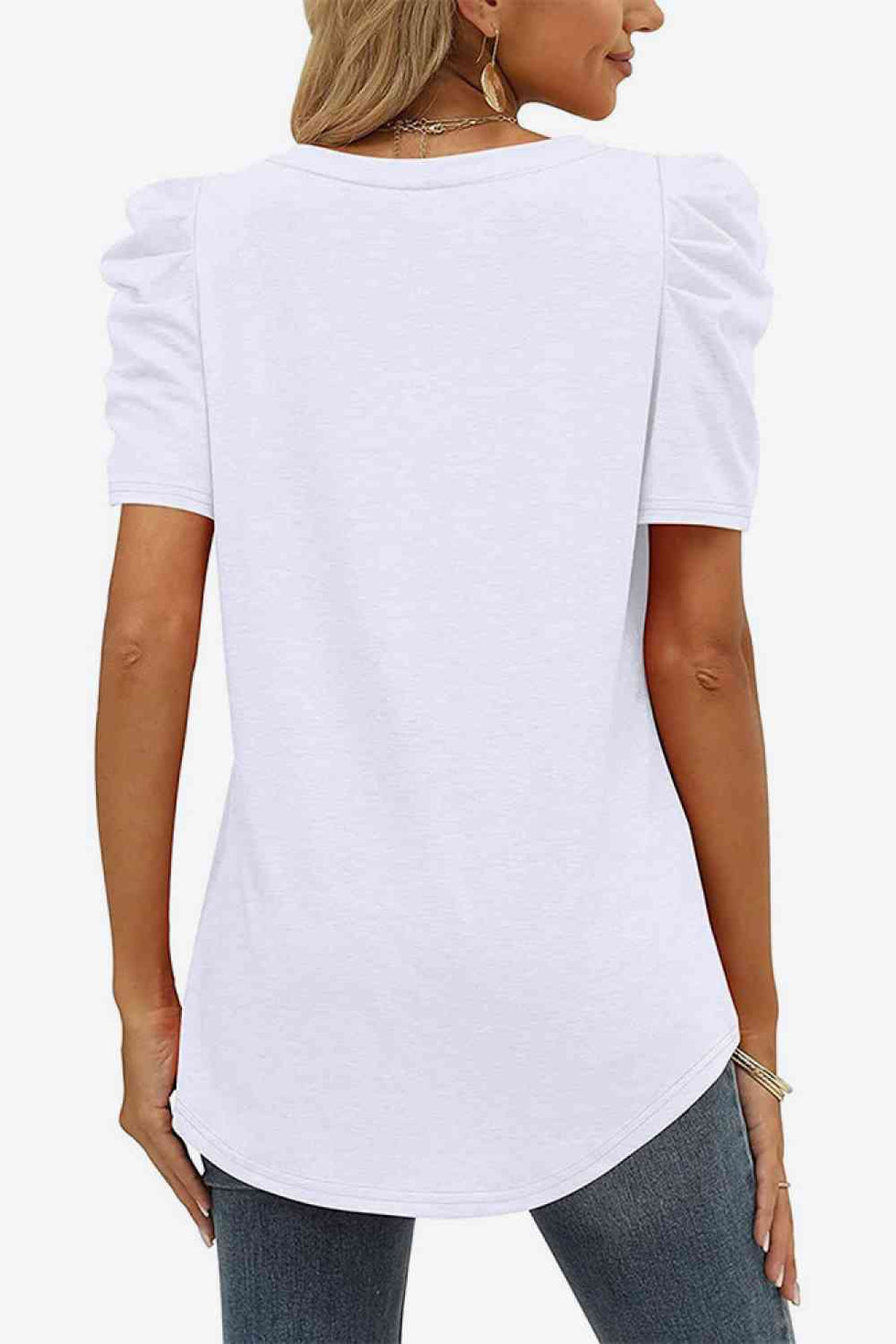 V-Neck Button Puff Sleeve Slim T-Shirt