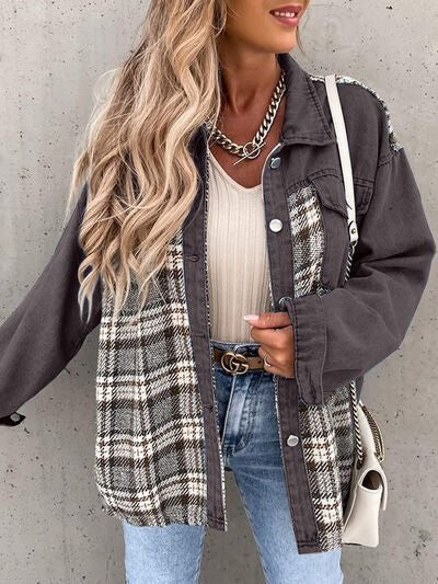 Plaid Button Up Dropped Shoulder Jacket - Charming Charlie