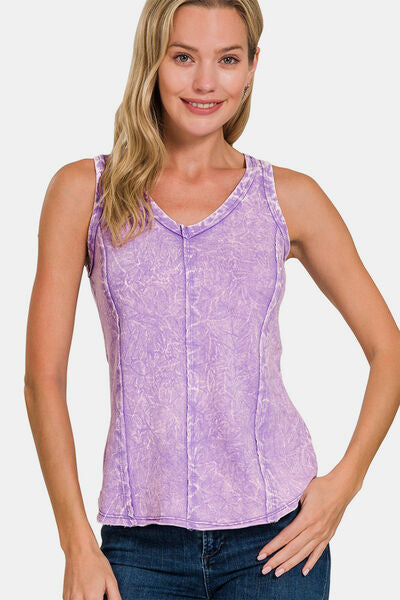 Zenana Exposed Seam V-Neck Wide Strap Tank - Charming Charlie