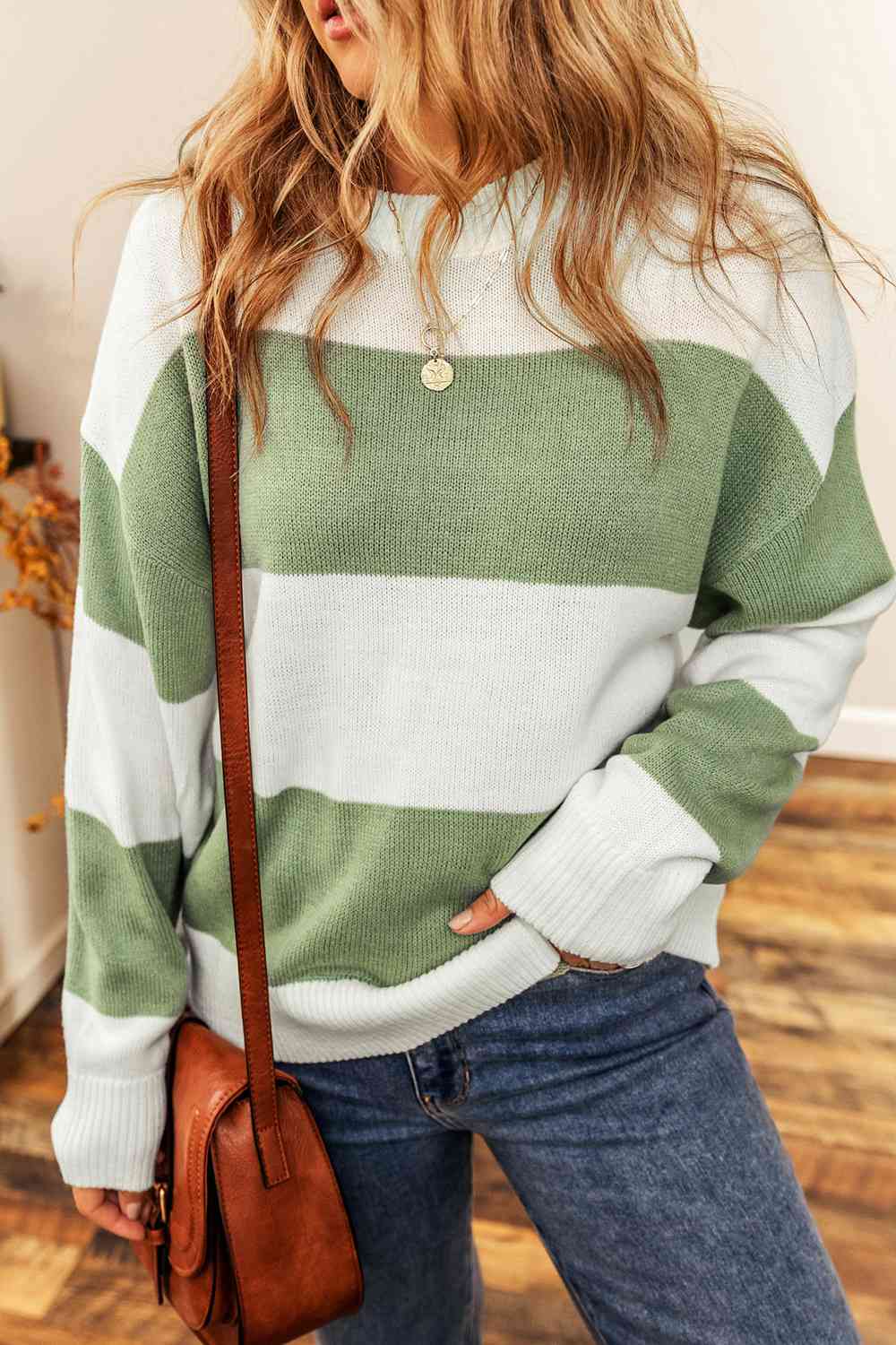 Color Block Round Neck Drop Shoulder Sweater - Charming Charlie