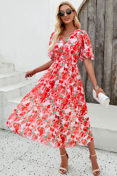 Smocked Printed V-Neck Short Sleeve Dress - Charming Charlie