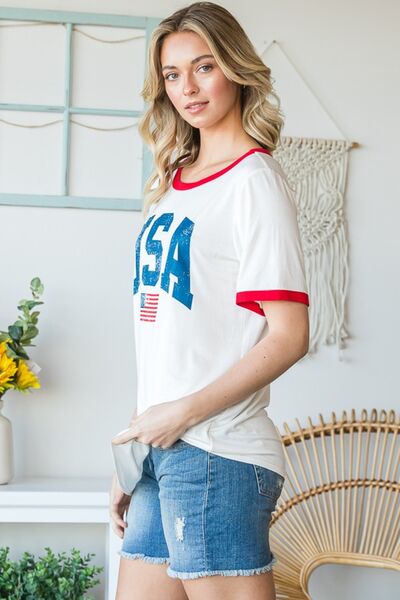 Heimish Full Size USA Contrast Trim Short Sleeve T-Shirt - Charming Charlie