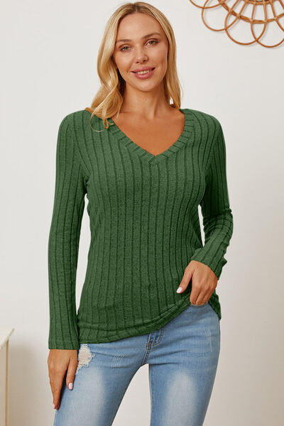 Basic Bae Full Size Ribbed V-Neck Long Sleeve T-Shirt - Charming Charlie
