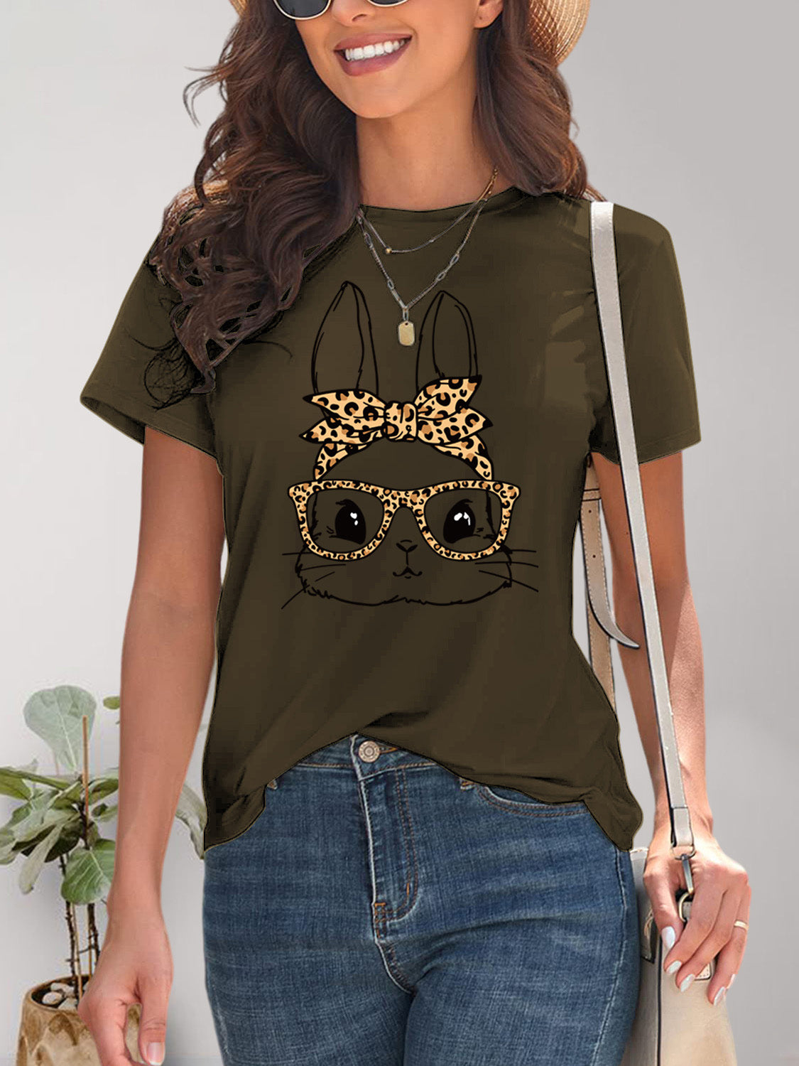 Rabbit Graphic Round Neck Short Sleeve T-Shirt - Charming Charlie