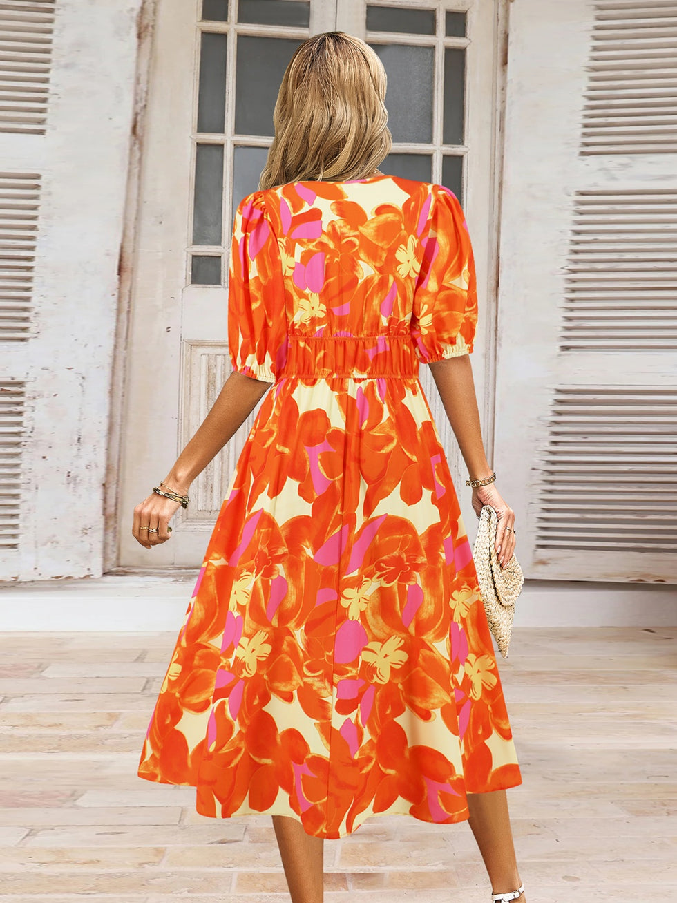 Printed Surplice Long Sleeve Dress main image 0