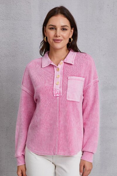 Quarter Button Dropped Shoulder Sweatshirt - Charming Charlie